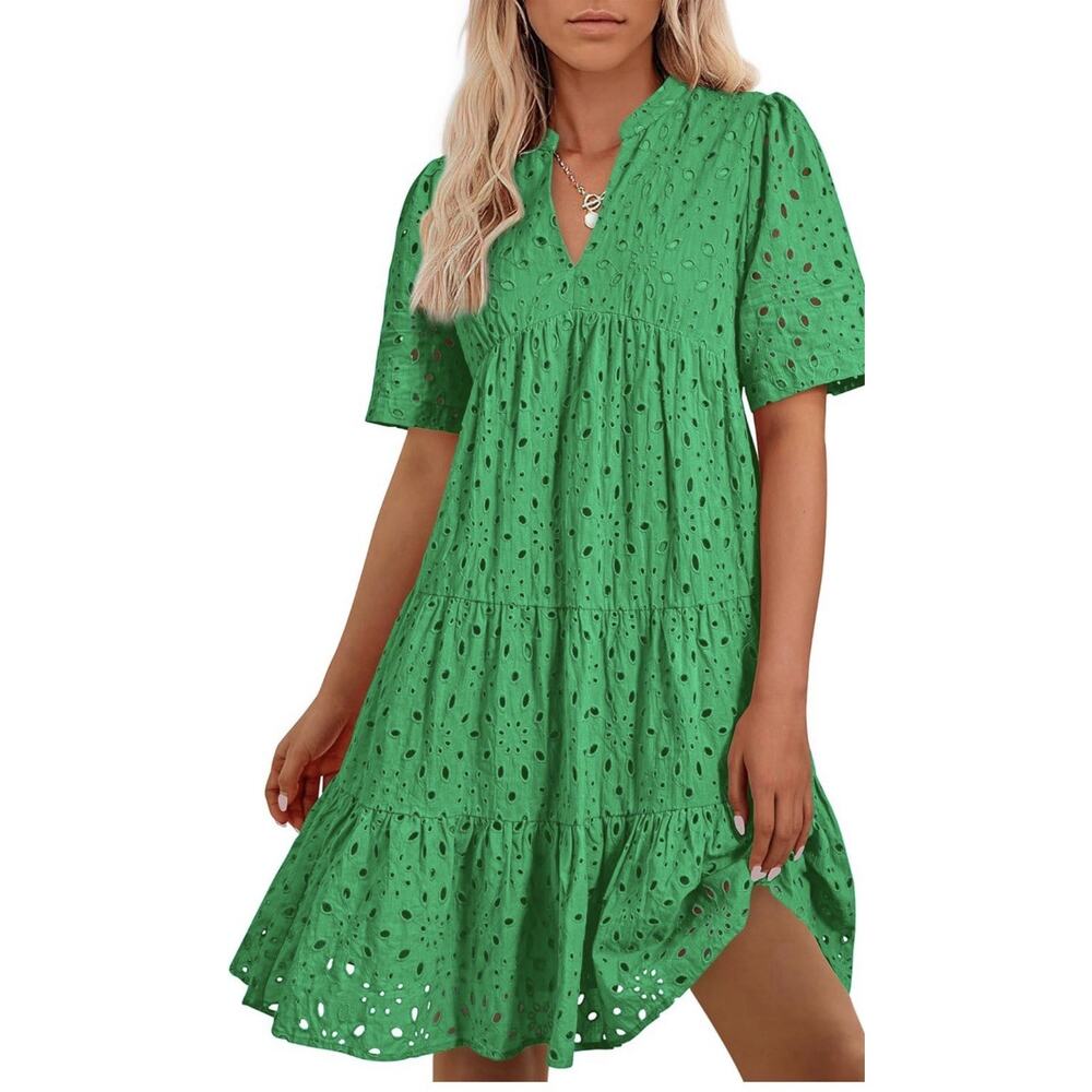 Womens V Neck Hallow Out Relaxed Dress Green Size S